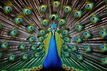 Obraz premium Striking close-up portrait of a male peacock with its magnificent tail feathers fully displayed, featuring a spectacular array of blue, green, and gold hues.