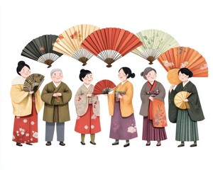 Obraz premium Colorful illustration of people holding fans in traditional attire.