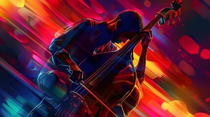 A man playing a cello in a colorful background. Concept of passion and dedication to music, as the man is fully immersed in his performance