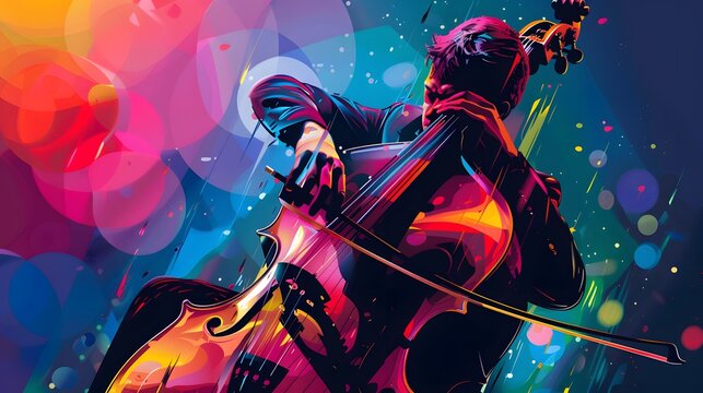 A man playing a cello in a colorful background. Concept of passion and dedication to music, as the man is fully immersed in his performance