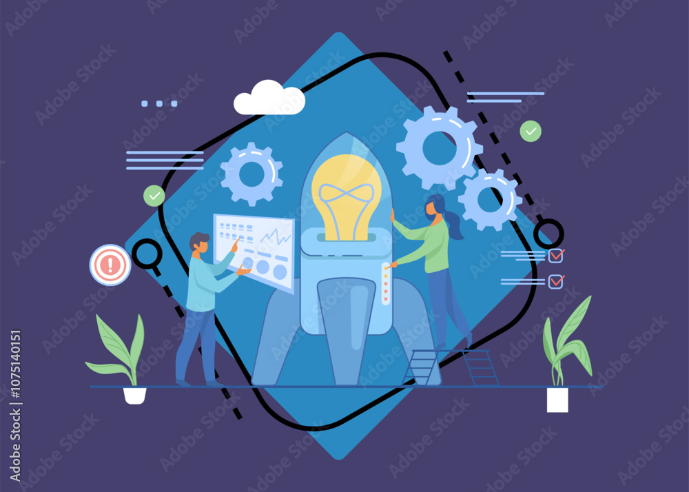 Wall mural man setting rocket, woman pushing button on spaceship. rocket launch flat vector illustration. start