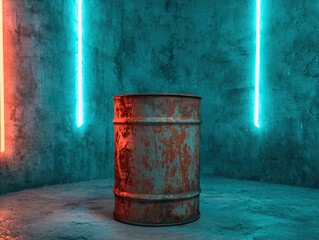Obraz premium Corroded metal barrel in neon lit industrial setting, evoking mystery