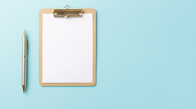 Minimalistic clipboard with blank paper and pen on light blue background for office and writing theme