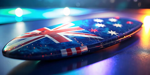 Obraz premium Macro Close Up Australian Flag Surfboard Vibrant Colors National Pride Beach Culture Ample Copy Space Photo Stock Concept for Travel and Tourism Photography