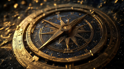 Vintage brass compass with intricate details on dark background for exploration and adventure theme