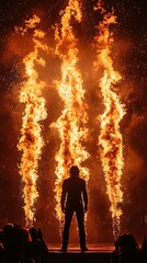 Fototapeta premium A striking silhouette against vibrant flames, creating a dramatic and energetic atmosphere during a performance.