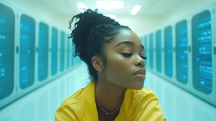 Female Technician Analyzing Data in Modern Server Room