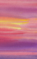 Painting of a sunset with a purple and yellow sky