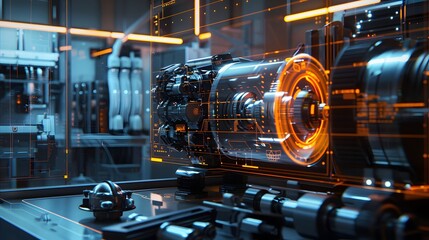 A futuristic train with a lot of machinery on it. The train is made of glass and has a metallic look to it. The train is surrounded by a dark background, giving it a futuristic and industrial feel