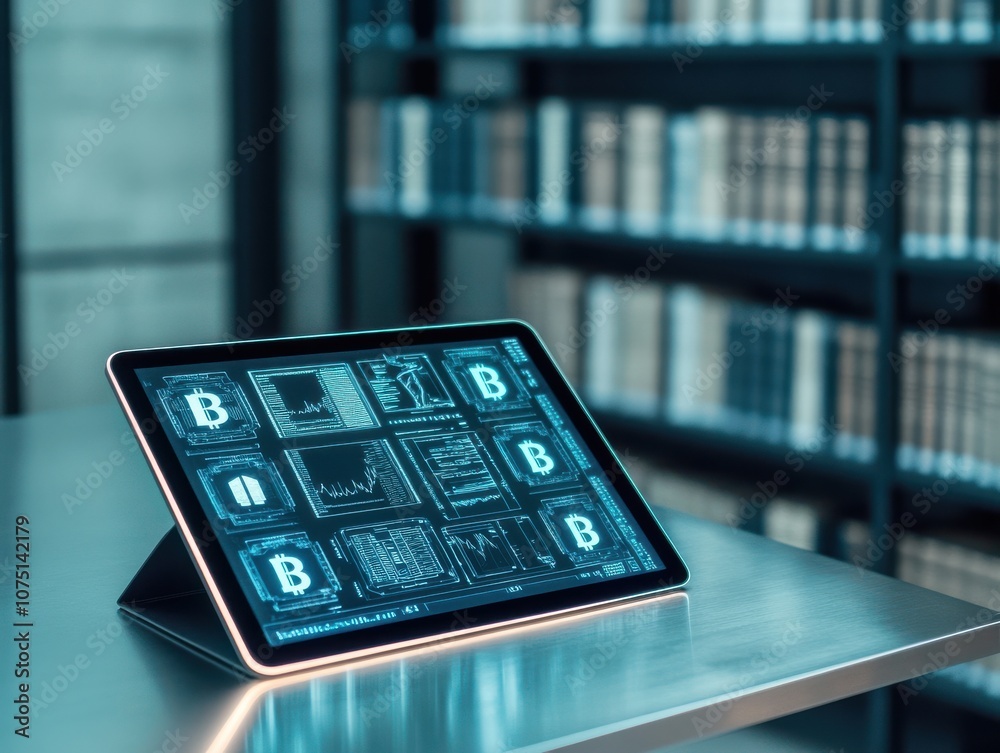 Poster modern tablet displaying data in a stylish library setting.