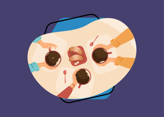 People drinking coffee in coffee shop. Human hands holding ceramic mugs, table, bakery. Vector illustration for refreshment, break, morning concept