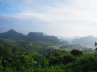 Morning mountain view in Thailand, winter about tourism and environment   
