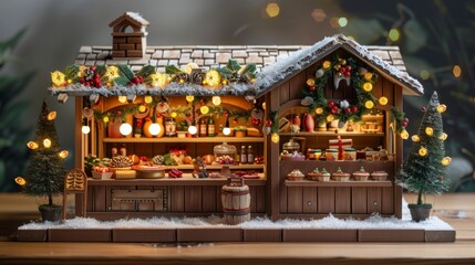 Fototapeta premium A small Christmas market stall with festive lights and decorations, isolated on white