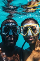 Fototapeta premium Exploring the great outdoors black adventurers thriving in scuba diving and water sports activities