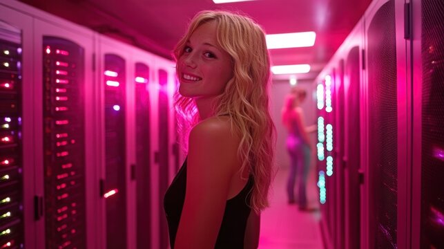 Female Technician Collaborating in Modern Data Center