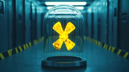 glowing radioactive symbol inside protective glass enclosure