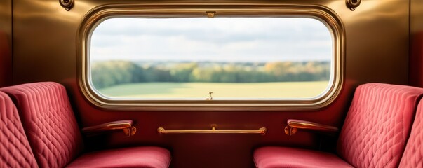 Interior view of a vintage train cabin with a scenic landscape.