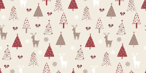 Cute Seamless Pattern Christmas tree, Reindeer, Bow, Coquette, Snowflake in Simple Style Design Ideal for Textile, Wallpaper, Fabric Prints or Wrapping Paper.