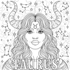 Taurus Woman.Astrological Zodiac Sign.Coloring book antistress for children and adults.