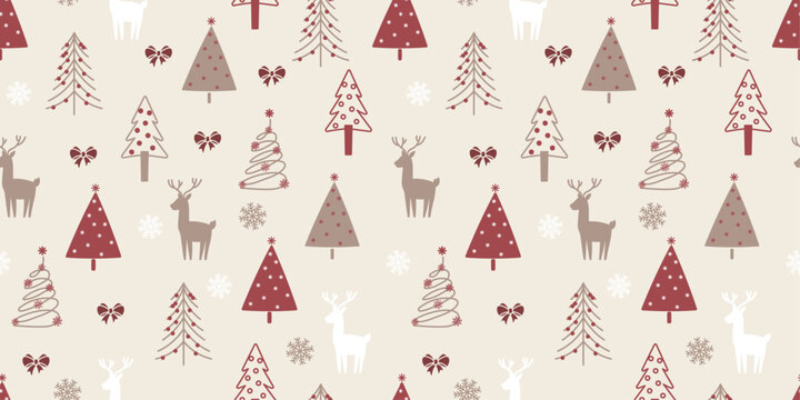 Cute Seamless Pattern Christmas tree, Reindeer, Bow, Coquette, Snowflake in Simple Style Design Ideal for Textile, Wallpaper, Fabric Prints or Wrapping Paper.