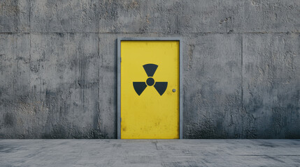 secure yellow door with radioactive symbol on concrete wall