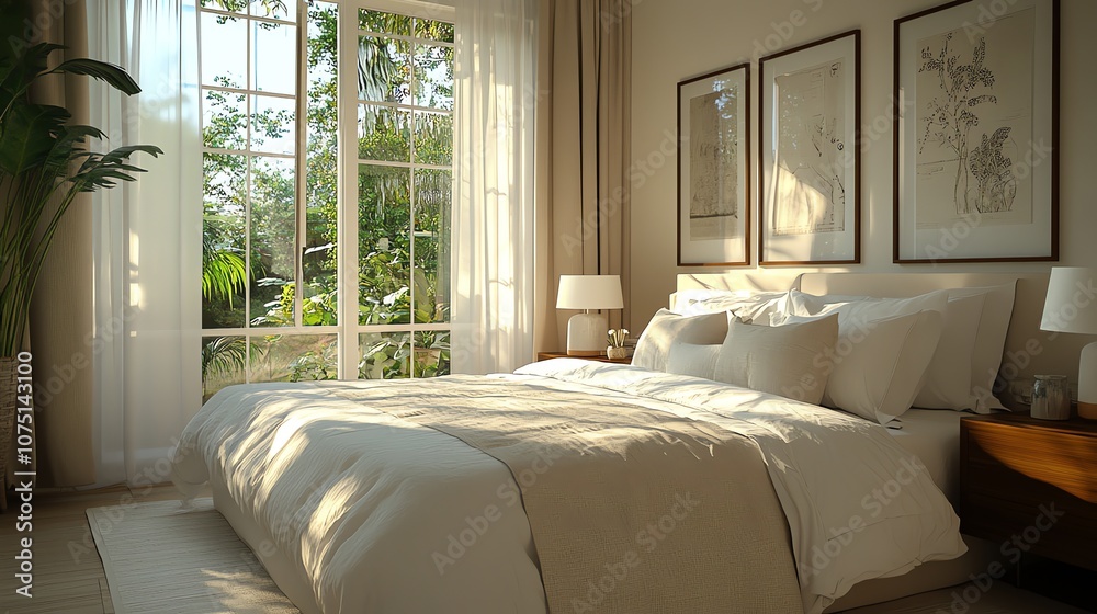 Poster a minimalist bedroom with a large window overlooking a lush green garden. the bed is made with white