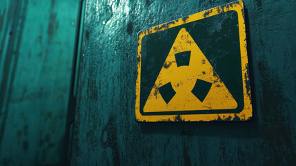 Radioactive hazard sign on corroded metal surface, warning of danger