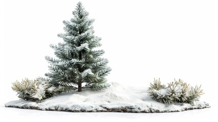 A snow-covered Christmas scene with a decorated tree, isolated on white