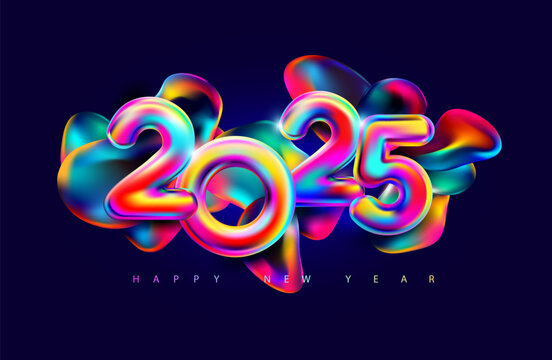 New year 2025. Iridescent colorful calendar date on dark fluid background. Multicolor numbering design.