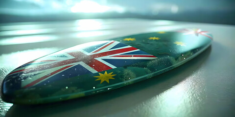 Obraz premium Macro Close Up of Australian Flag on Surfboard Vibrant Colors Symbolizing National Pride Beach Culture Bright Surfboard Design Ample Copy Space Photo Stock Concept for Australian Themes