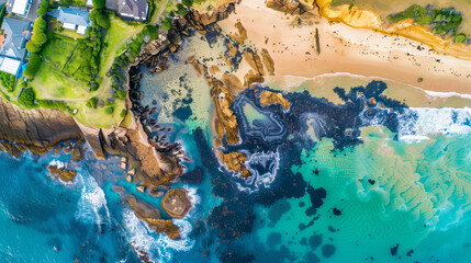 Aerial view of coastal area with dark, sticky tar covering beach and seawater, highlighting environmental pollution and providing copy space for text or design.