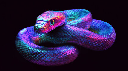 Obraz premium Vibrant iridescent snake with colorful scales and neon glow coiled on dark background for exotic reptile theme