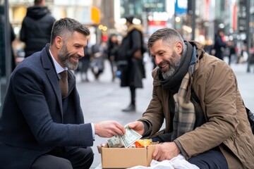 In an act of kindness, a well-dressed businessman offers cash and essentials to a homeless man seated on a bustling city street, reflecting generosity and empathy.