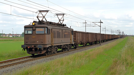 Fototapeta premium Freight Train with Electric Locomotive in Rural Landscape, railway, train tracks, railroad, transportation, cargo