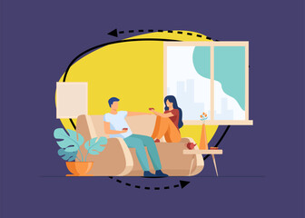 Romantic couple sitting at sofa, talking and drinking coffee flat vector illustration. Man and woman living together in apartment Romance and love concept.