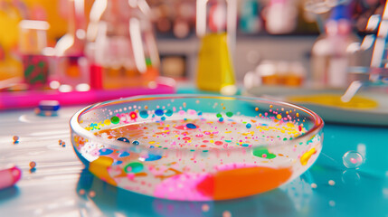 Fototapeta premium Close-up of colorful bacterial colonies in a petri dish, symbolizing gut bacteria, on a clean laboratory bench. Scientific focus on microbiology and health research.