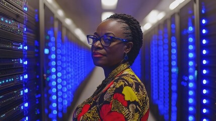Female Technician Working on Server Rack in Data Center