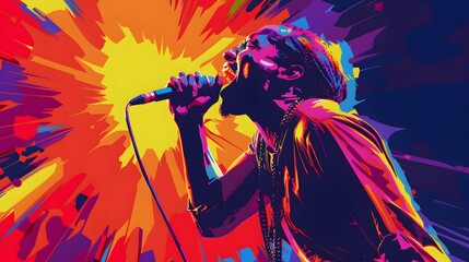 A man with a microphone is singing into it. The man is wearing a black jacket and has a black beard. The background is orange and splattered with paint