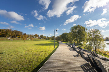 A park with a path and benches