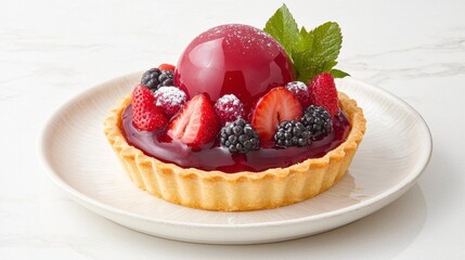 Delicious berry tart featuring a glossy jelly dome topped with fresh strawberries, blackberries, and mint on a stylish marble countertop, perfect for desserts or bakeries.