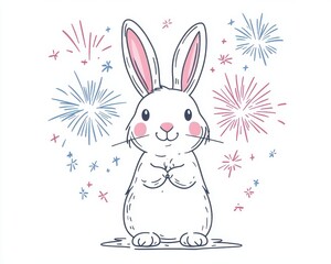 Obraz premium Cute cartoon rabbit celebrating with colorful fireworks in the background.