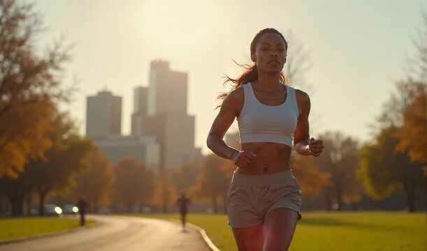 A focused woman enjoys an early morning run in a city park, with a beautiful sunrise and skyline in the background. Her athletic attire and expression showcase fitness and determination.