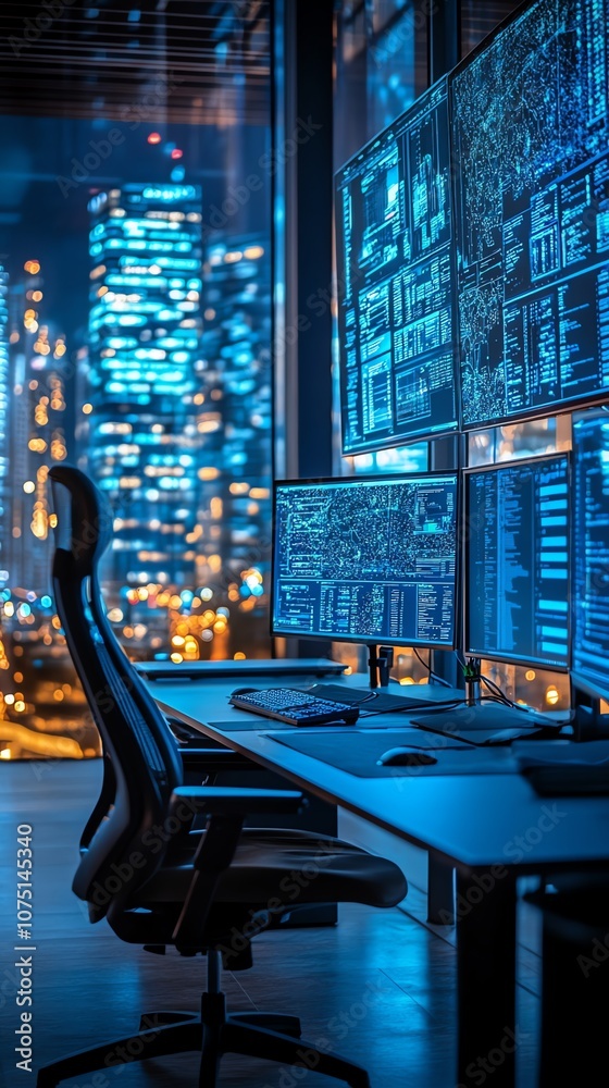 Aufkleber A modern office with a desk and multiple monitors displaying data against a backdrop of a nighttime city skyline.
