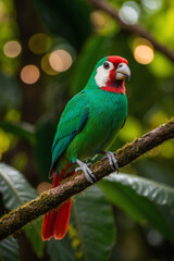 A red-capped parrot perches on a branch in a lush green forest