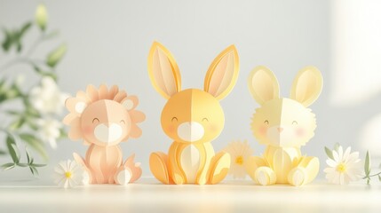 Fototapeta premium Cute pastel paper bunny figures surrounded by flowers in soft natural light.