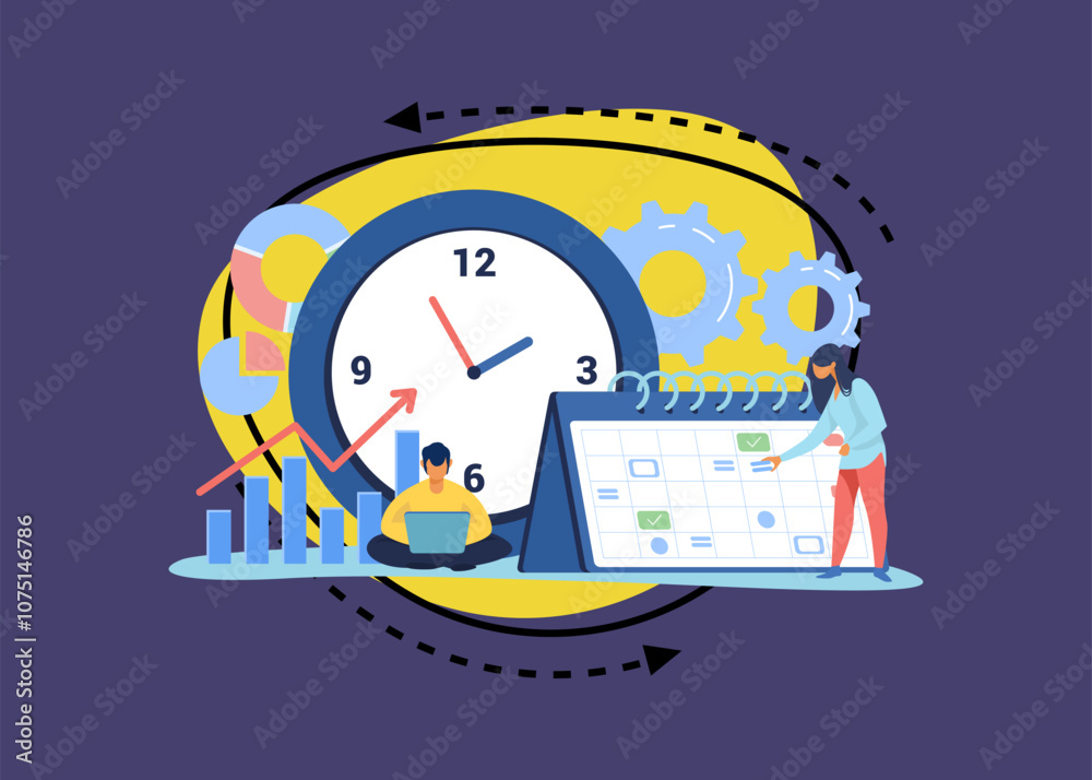 Poster timing and project scheduling. managers working near calendar with marks and clock flat vector illus