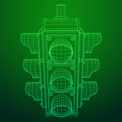 Traffic light with three lights. Wireframe low poly mesh vector illustration.