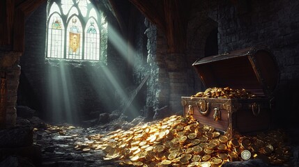 Treasure Trove: A Pile of Gold Coins in a Medieval Castle Interior. AI generated illustration