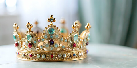 Detailed Close Up of Reyes Magos Traditional Crowns with Intricate Designs and Festive Embellishments for Magazine Advertisements and Banners - Perfect Copy Space Concept for Photo Stock Use