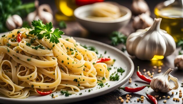 Homemade Pasta Aglio e Olio Dinner with Garlic and Oil

